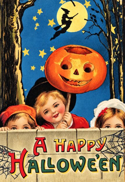 Vintage Halloween Postcard Children with Jack-o'-Lantern POSTER 24 X 36 Inches Wall Art