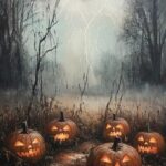 Halloween Jack-o'-lantern Pumpkins Misty Spooky Trees 24 X 18 Inches