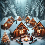 Campsite Several Rustic Wooden Cabins Snow Covered Trees  POSTER 24 X 36 Inches